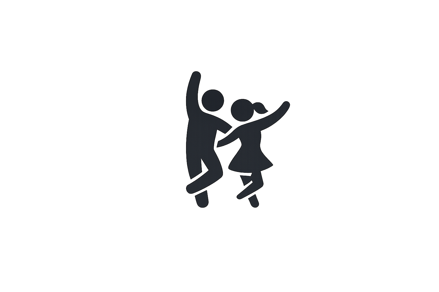 Silhouette of a happy couple dancing together, holding hands, with arms raised.