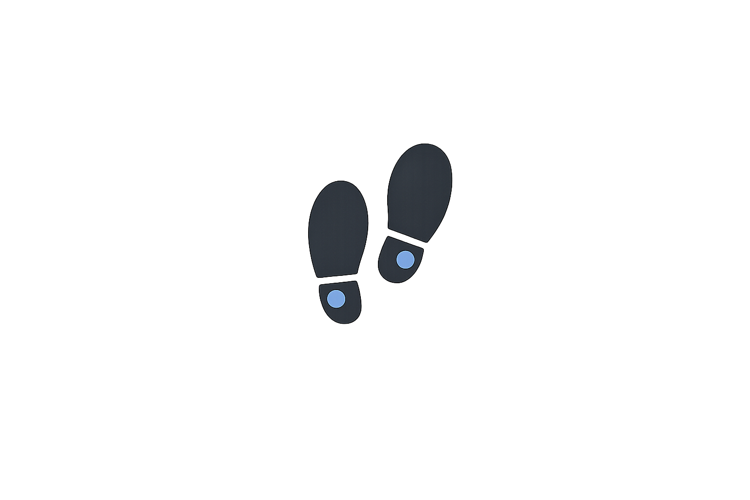 Two black shoeprints with light blue heel marks on a black background, indicating footprints.