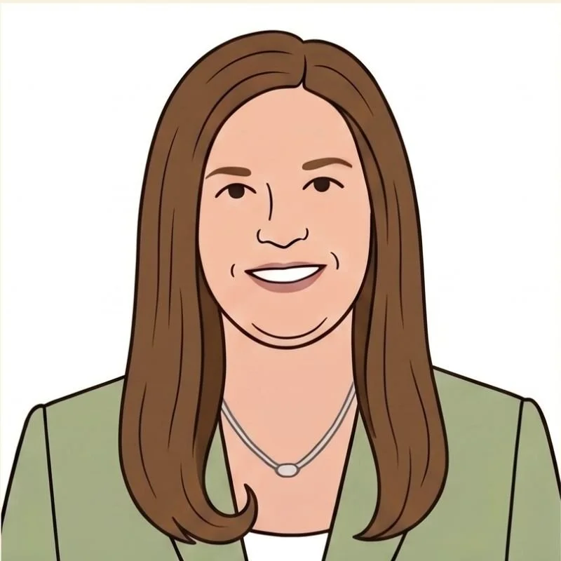 Digital illustration of a woman with long brown hair, smiling, wearing a light green blazer and a silver necklace, against a white background.