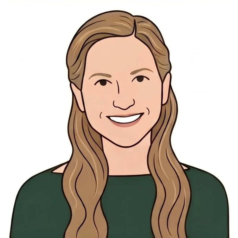 A digital illustration of a woman with long, wavy brown hair, smiling, wearing a dark green top.