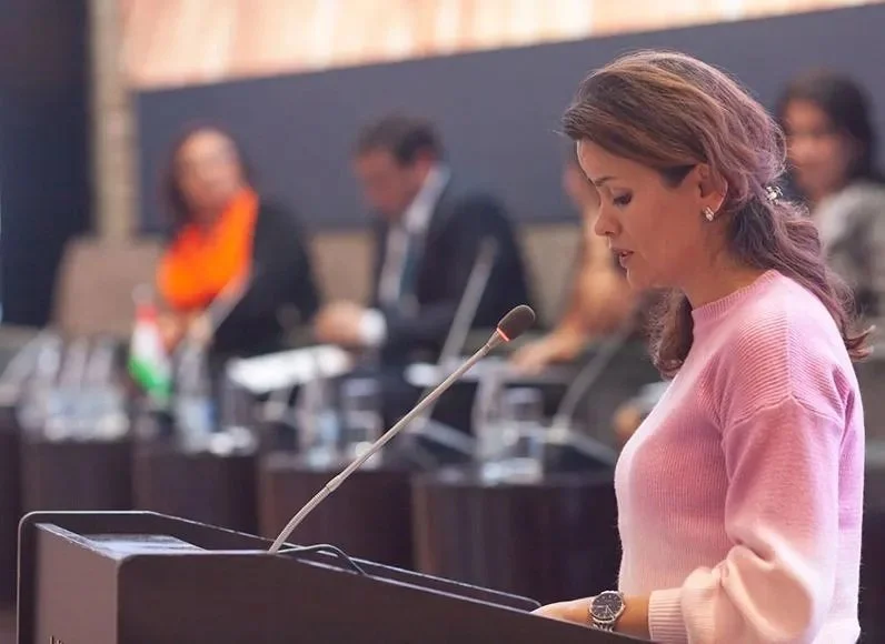 Woman speaking at a podium during a formal meeting or conference with other attendees seated behind her.