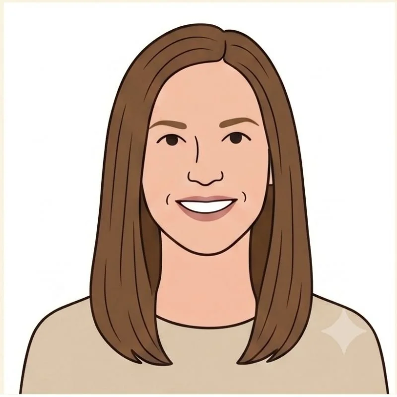 Digital illustration of a smiling woman with straight brown hair wearing a beige shirt.