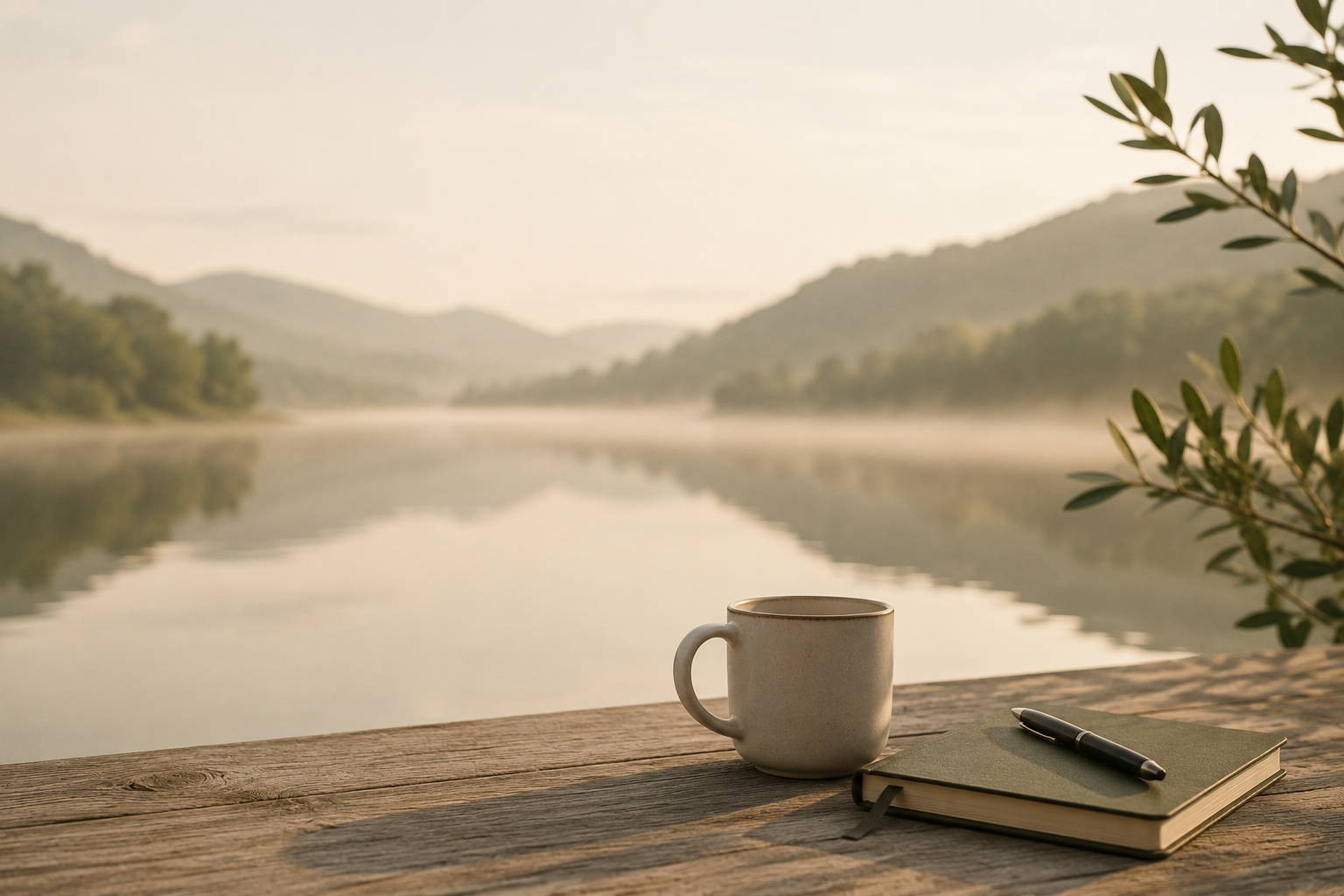 A white coffee mug, a green notebook, and a black pen are placed on a wooden surface outdoors overlooking a calm river, with misty mountains in the background during early morning.