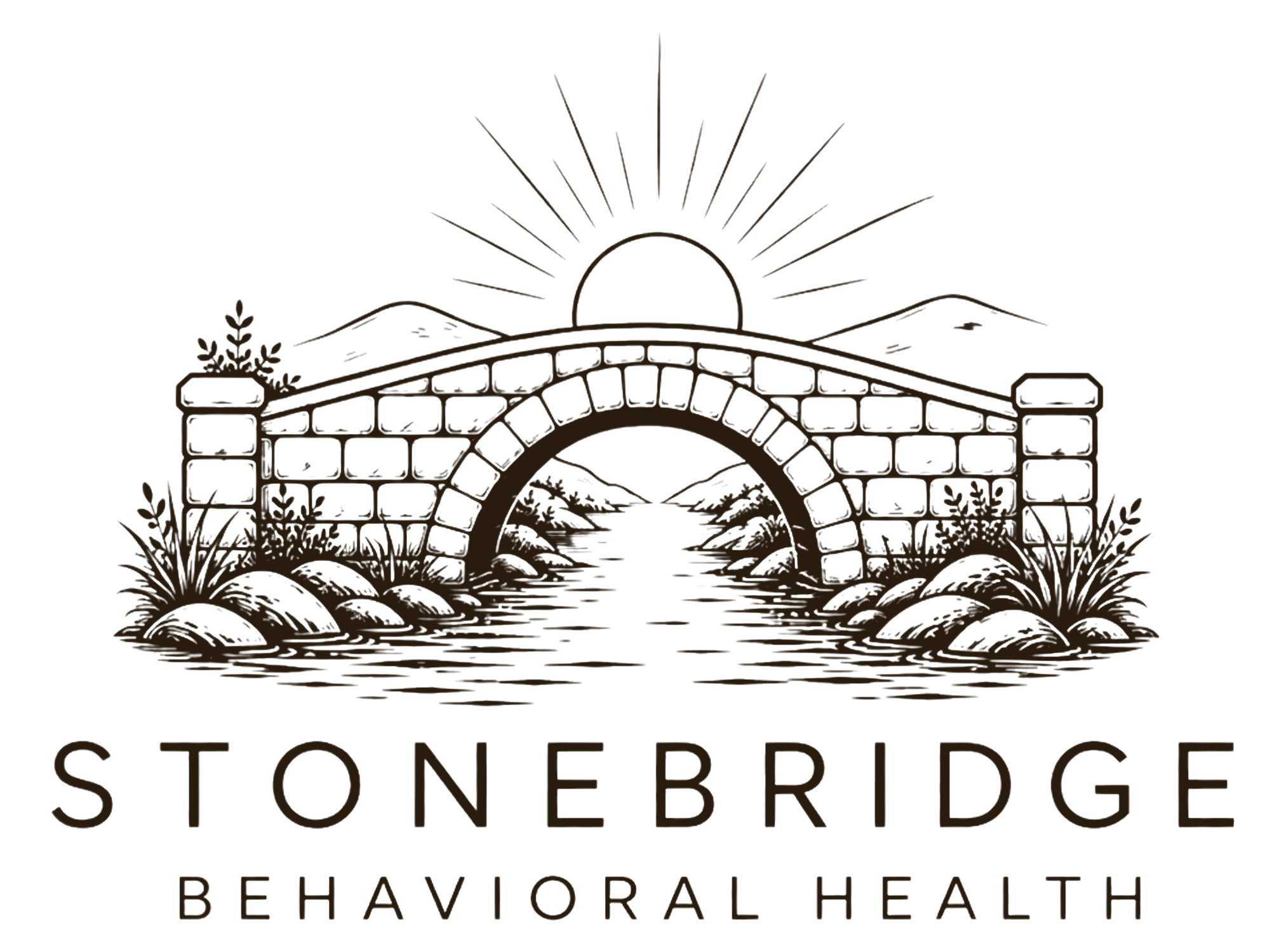 Stonebridge Release behavioral health logo with a bridge illustration and a sunrise over mountains in the background.