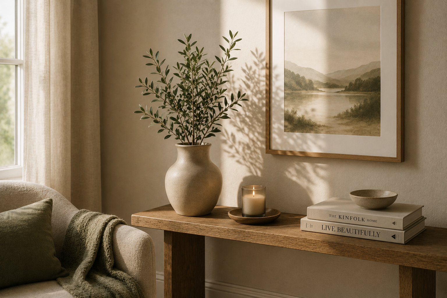 A beige living room corner with a wooden console table holding a potted plant, candle, and books, with a framed landscape picture on the wall.