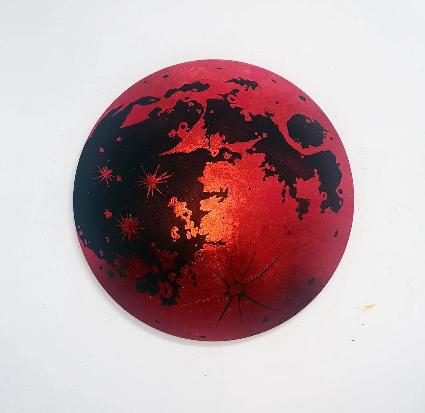 "Luna de Sangre"
red foil and acrylic on wood
48" diameter
2026
