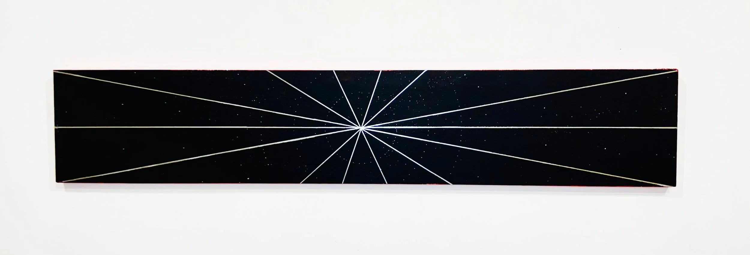 "The Plan" 
chrome pen, acrylic, silver leaf on birch wood
8" x 48" in
2026
Series: A Signal From Home
