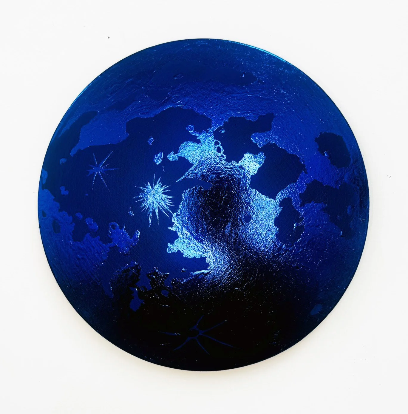 Double Blue Moon
foil and acrylic on wood
12" diameter
Full Moon Series