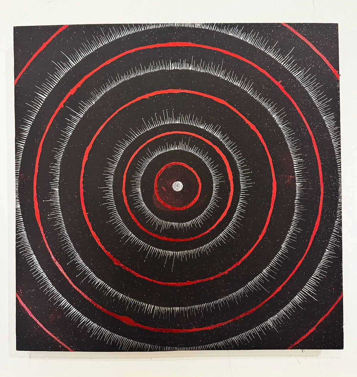"A Signal From Home"
acrylic, red foil, chrome pen on wood
12"x12"
2026
Series: A Signal From Home