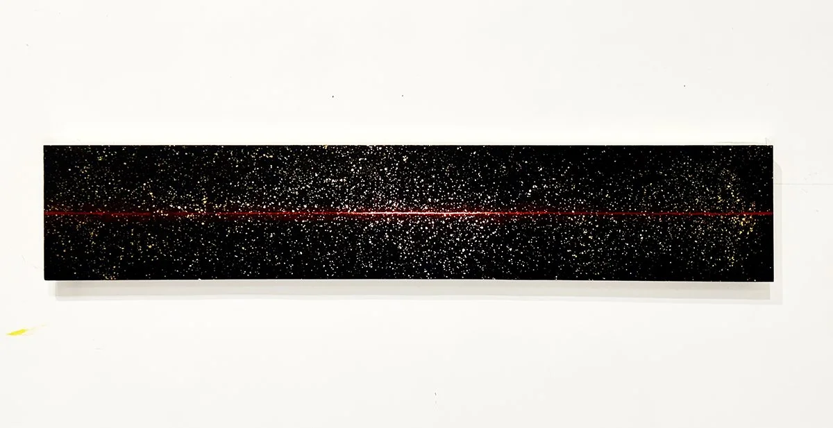 "Red String Theory" 
gold leaf, red foil, chrome pen, acrylic, silver leaf on birch wood
8" x 48" in
2026
Series: A Signal From Home