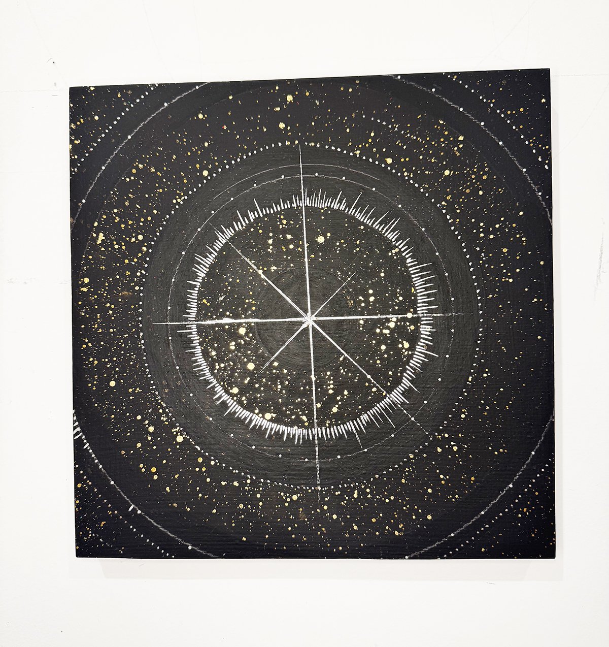 "The Spark II"
gold leaf, chrome pen, acrylic and wood panel
12" x 12"
2026
Series: A Signal From Home