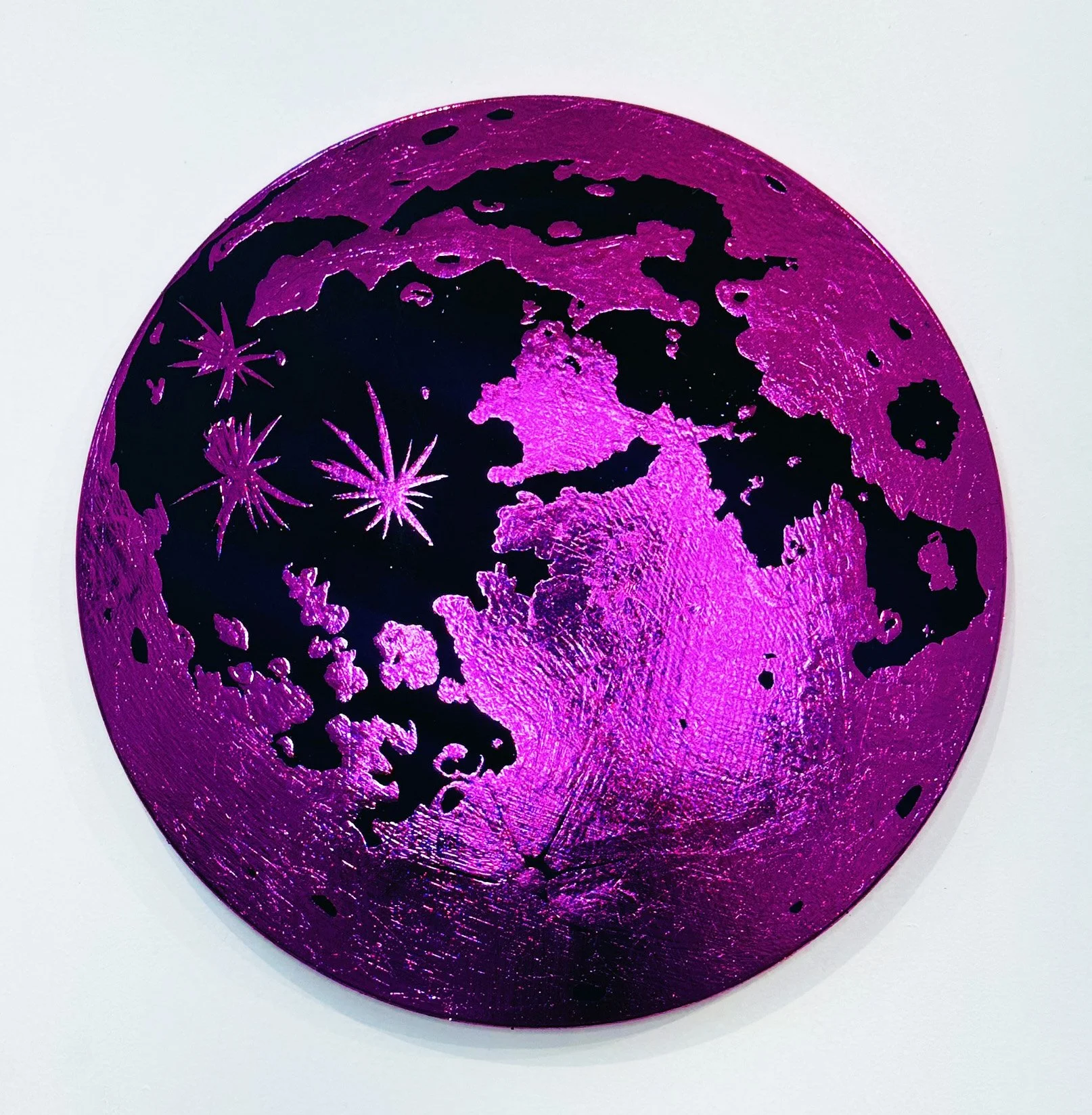 Strawberry Moon
foil and acrylic on wood
12" diameter
Full Moon Series