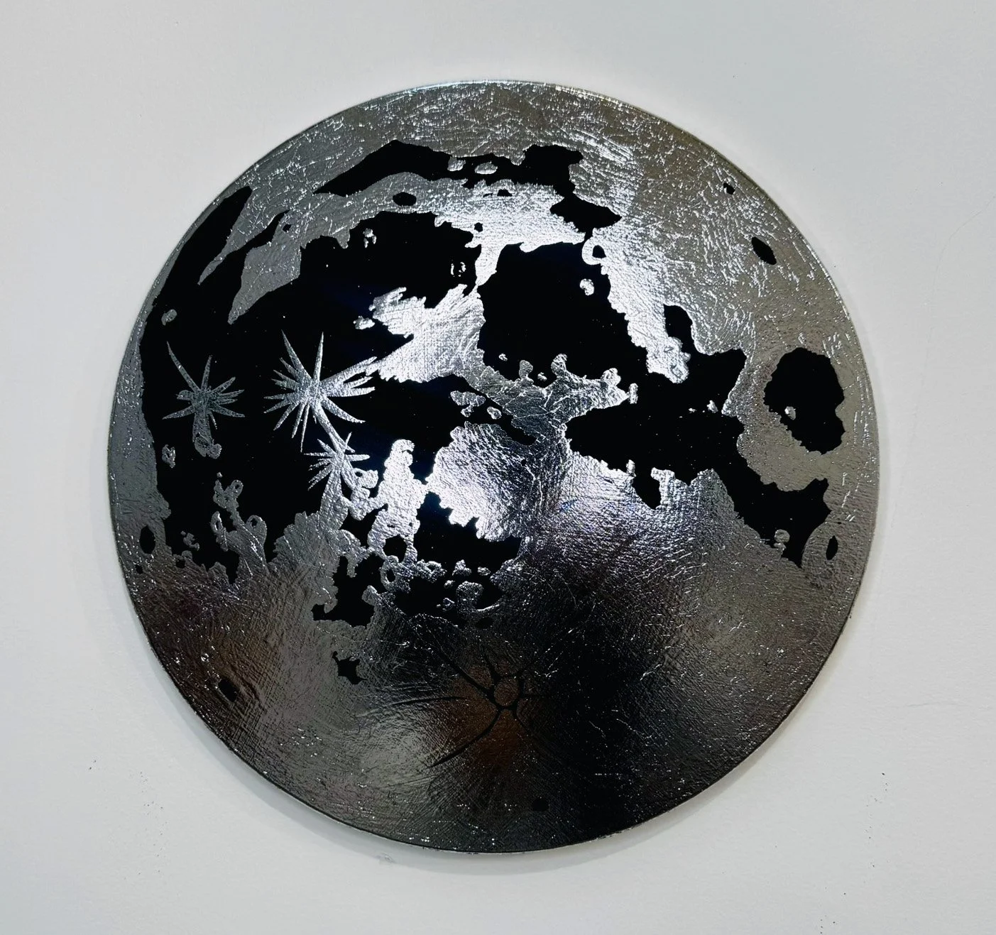 Thunder Moon
foil and acrylic on wood
12" diameter
Full Moon Series