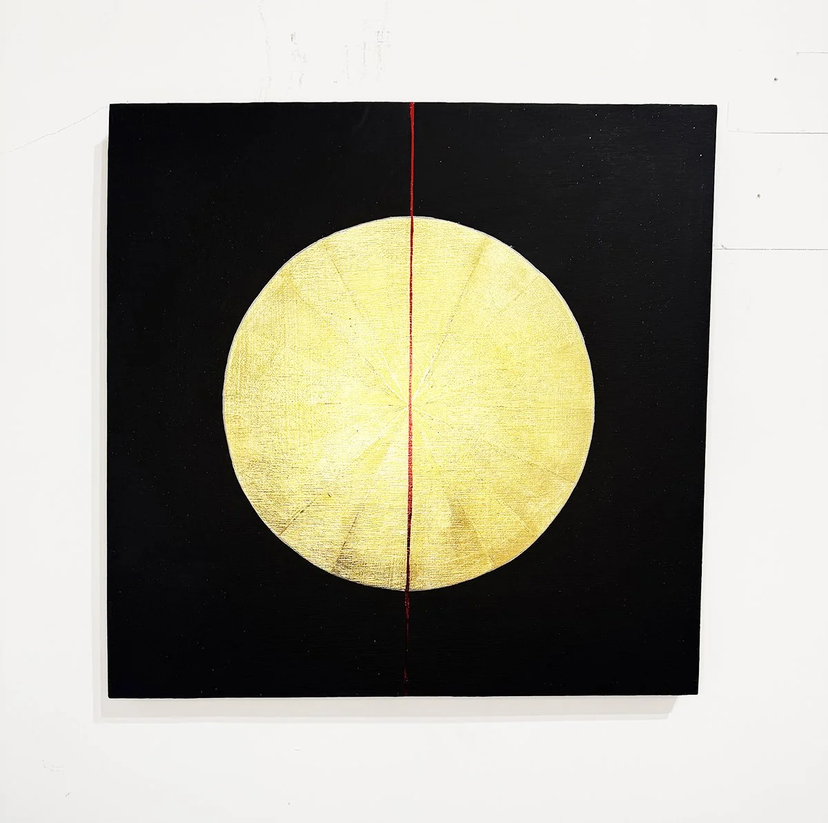 "Vision In The Sun" 
gold leaf, acrylic, red foil on birch wood
24"x24" in
2026
Series: A Signal From Home
