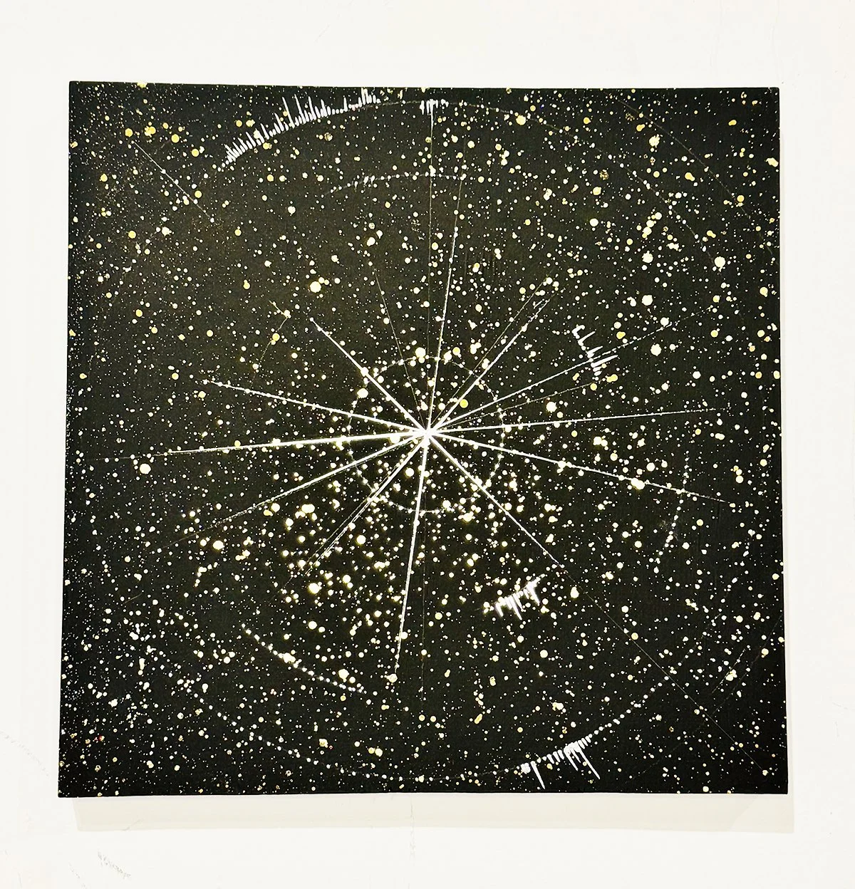 "The Spark"
gold leaf, chrome pen, acrylic and wood panel
12" x 12"
2026
Series: A Signal From Home