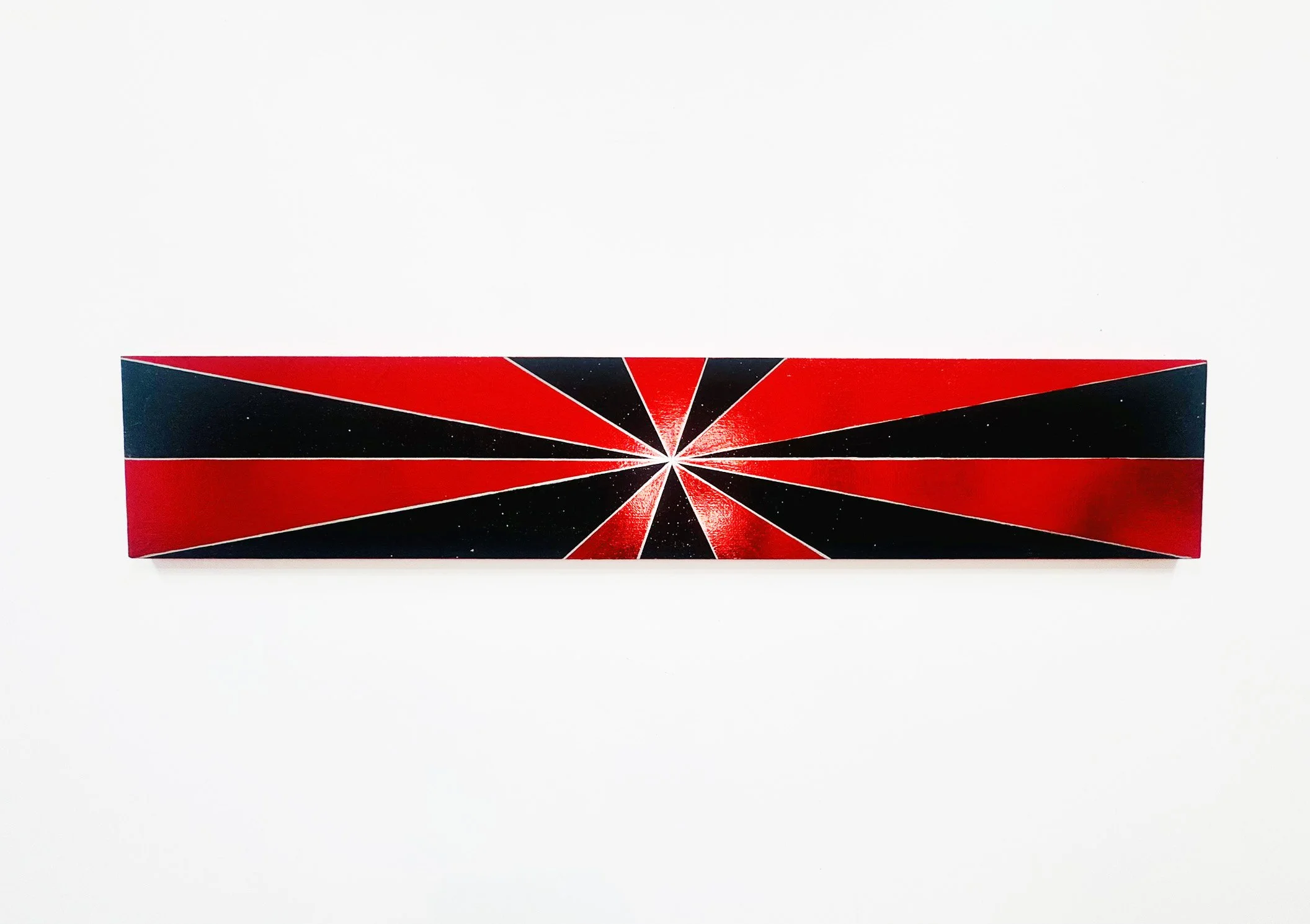 "Pinnacle" 
red foil, chrome pen and acrylic on birch wood
8" x 48" in
2026
Series: A Signal From Home