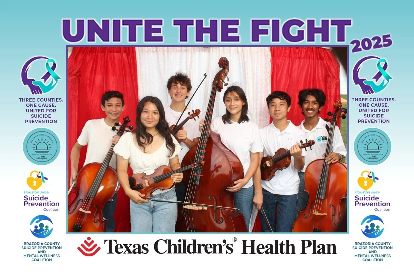 Group of six young musicians holding string instruments in front of red and white curtains with an event banner for 'Unite the Fight 2025' promoting suicide prevention, health, and wellness organizations.