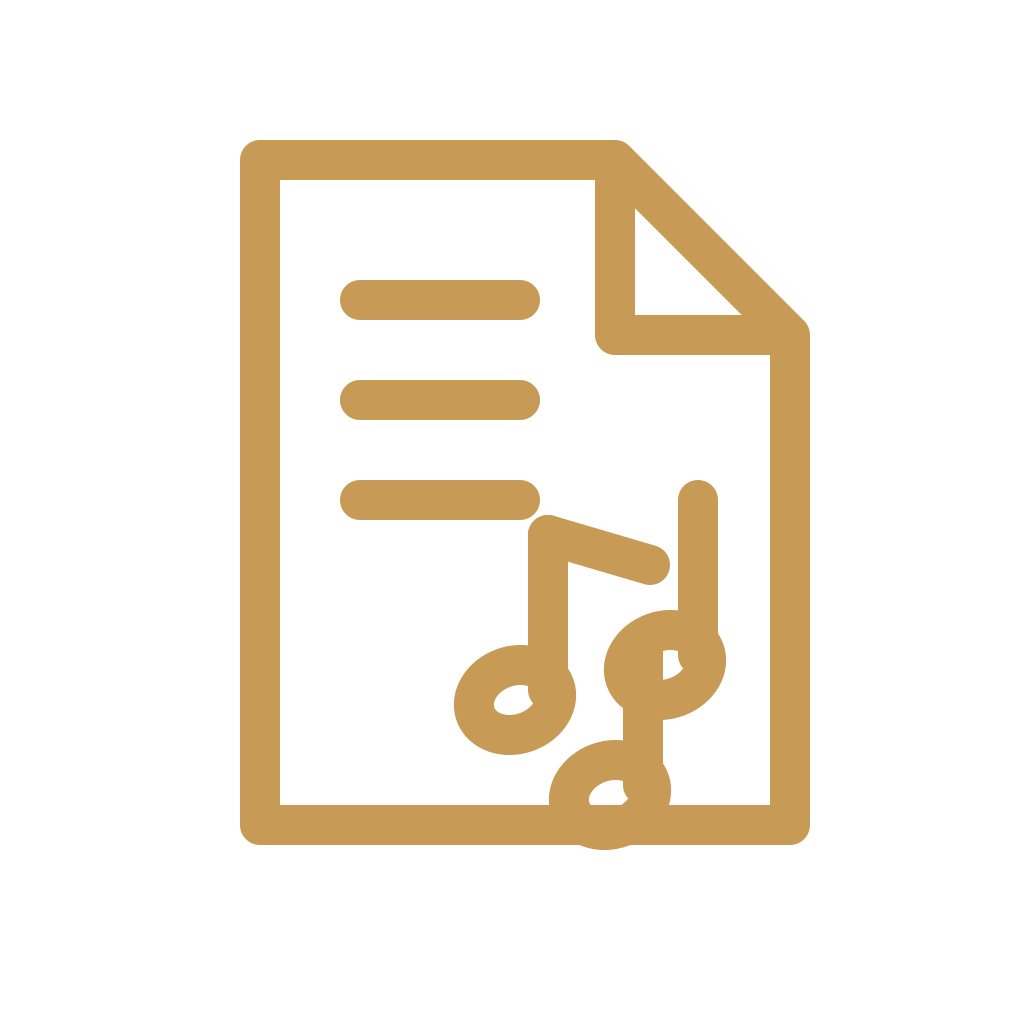 Icon of a document with musical notes on it, in gold color.