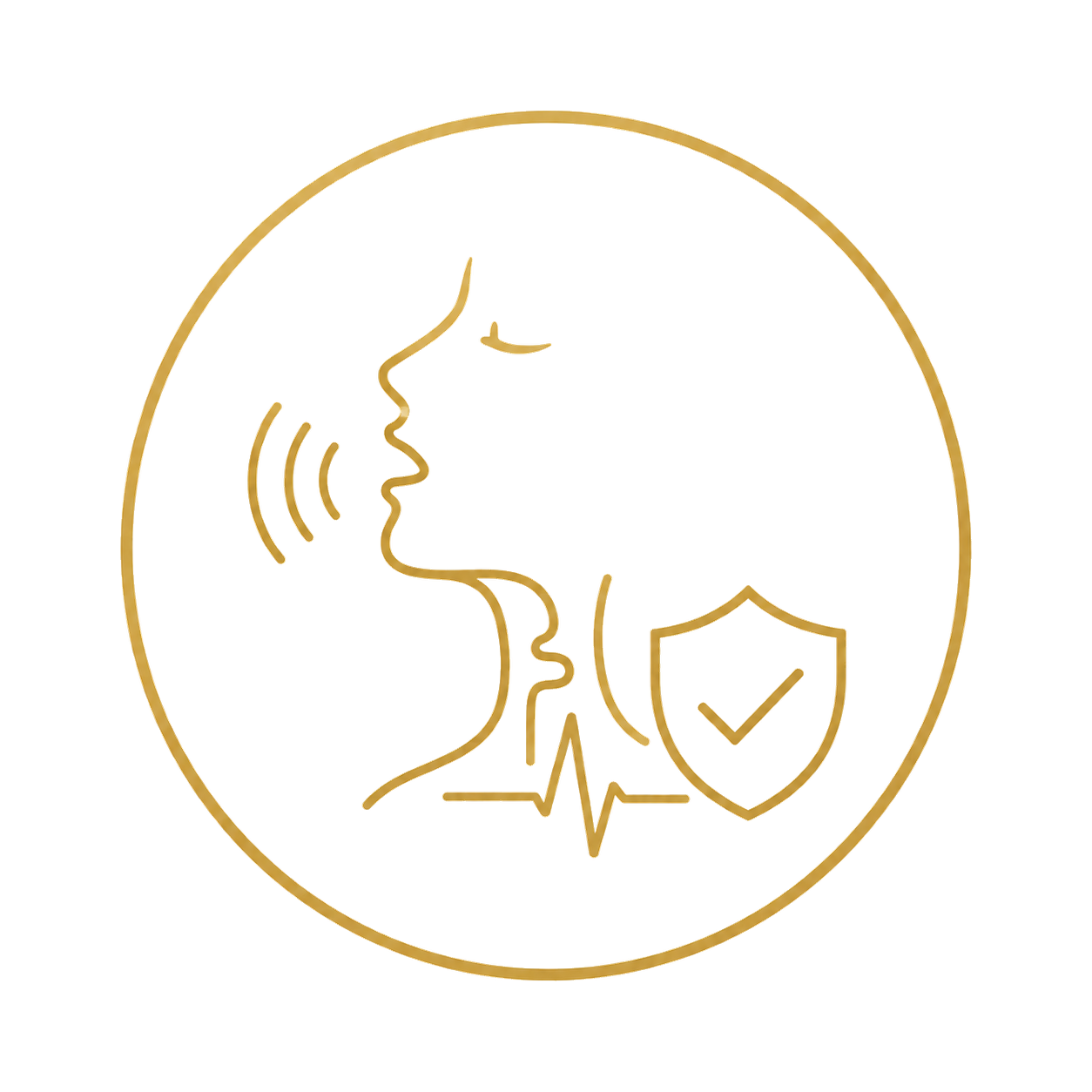 Gold outline of a woman's face and a child's face in profile, with wave lines indicating sound, a shield with a checkmark, and a heartbeat line inside a circle.