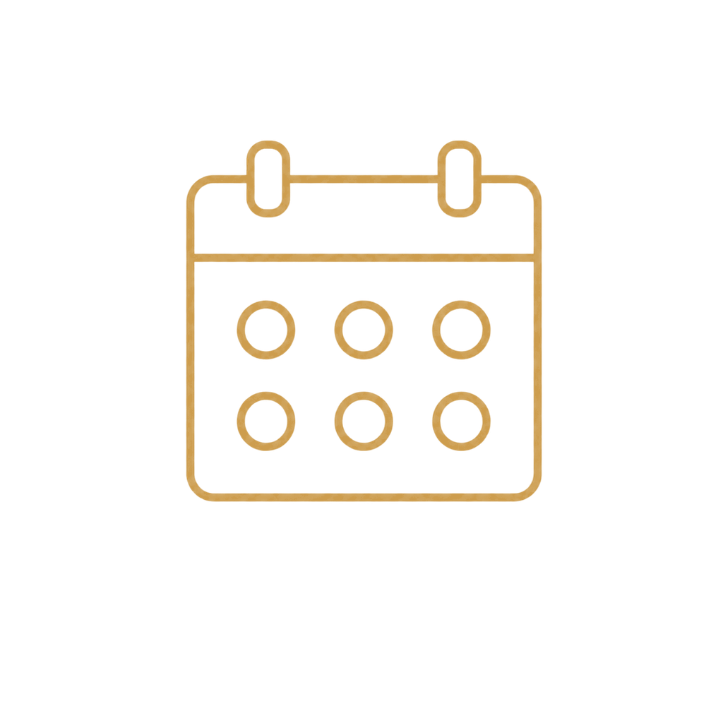 Gold outline icon of a calendar with six circles representing dates.