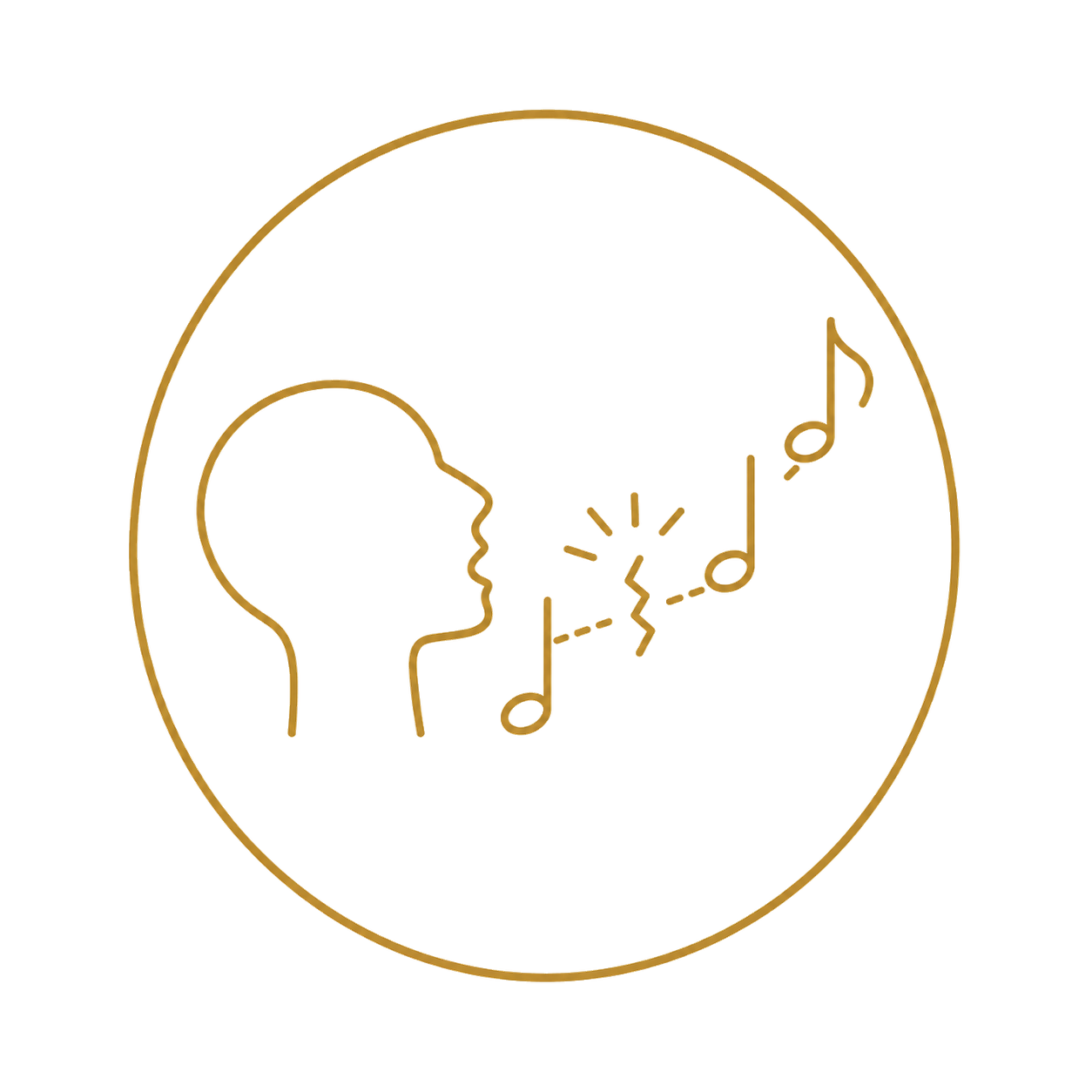 Minimalist gold outline of a person's face and lips singing or speaking, with musical notes and sound waves emanating from the mouth, inside a circular border.