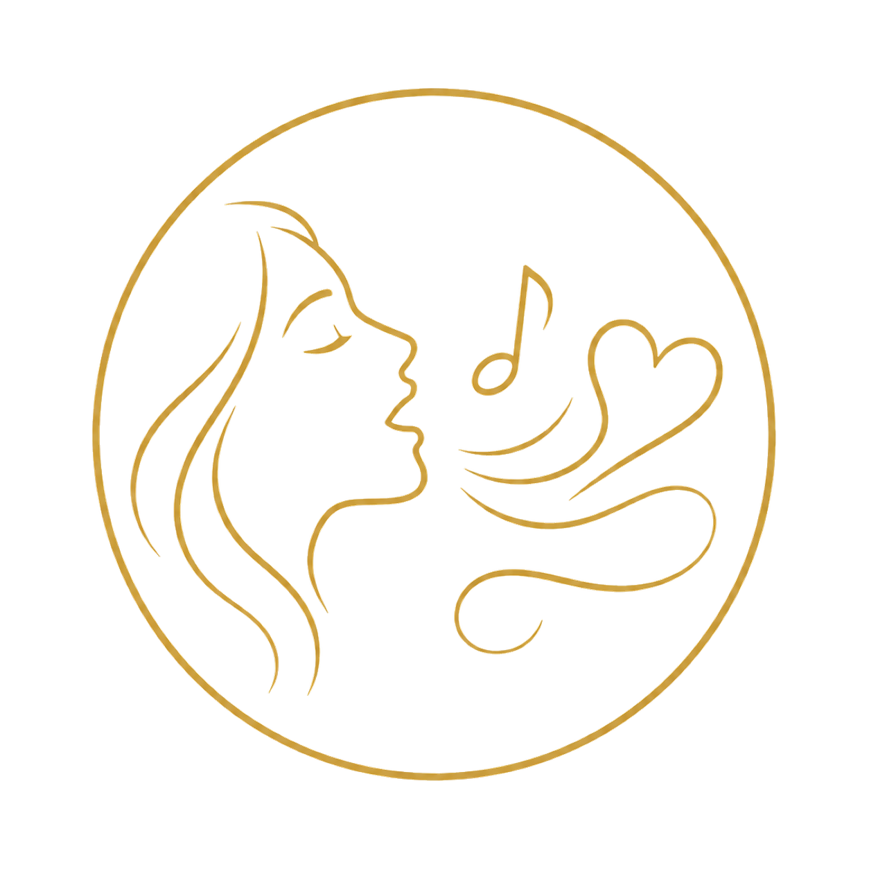 Gold outline of a woman's face in profile surrounded by musical notes, a heart, and swirling lines, all within a circular border.
