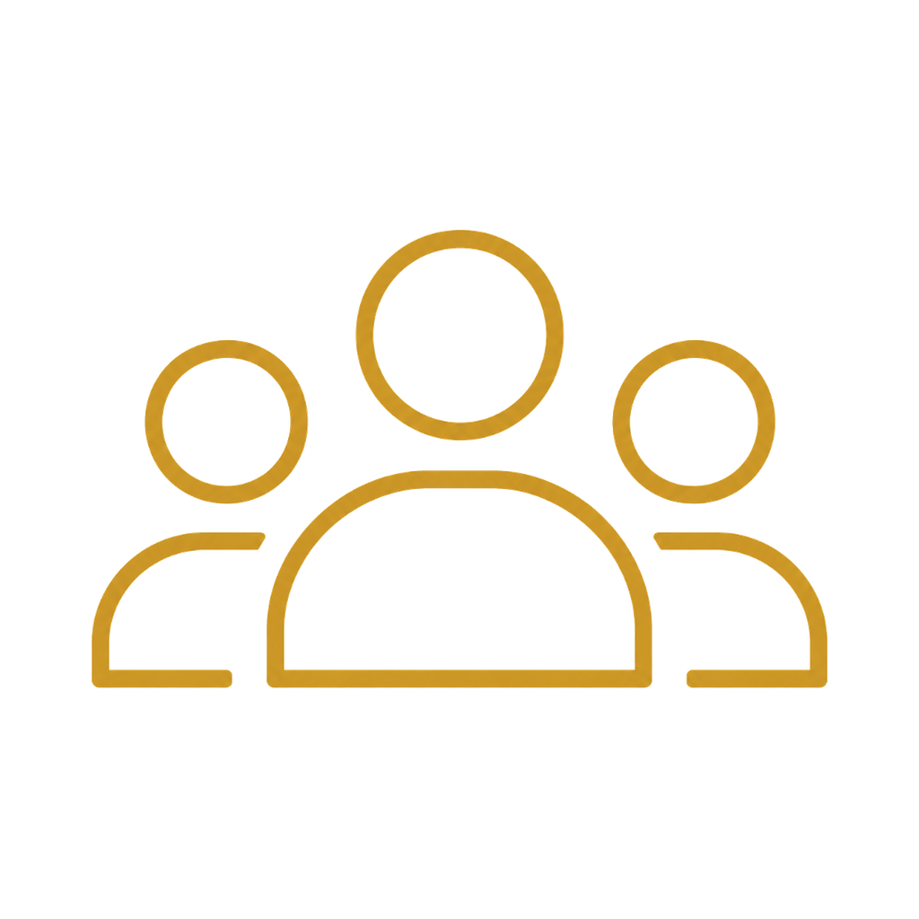 Outline icon of three people with gold borders, representing a group or community.