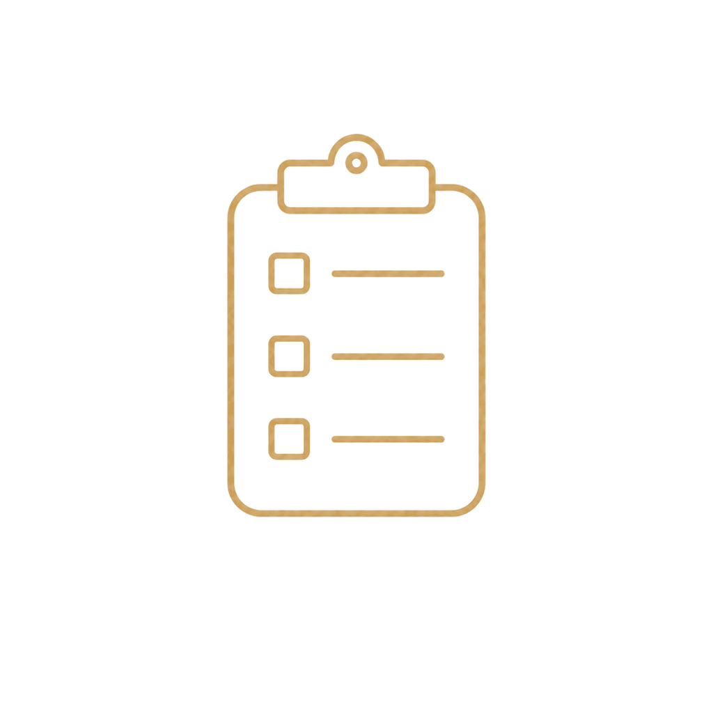 Icon of a gold clipboard with three checklist items, each with a checkbox and a line of text, on a black background.