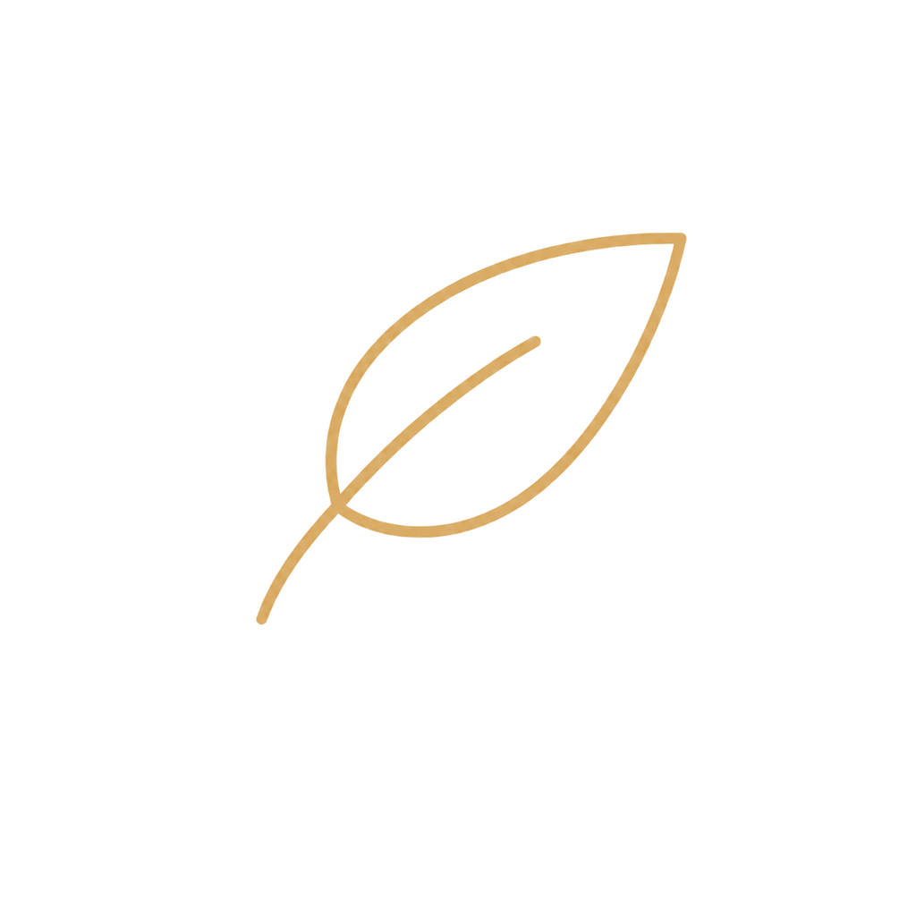 Minimalist gold outline of a leaf on a black background.