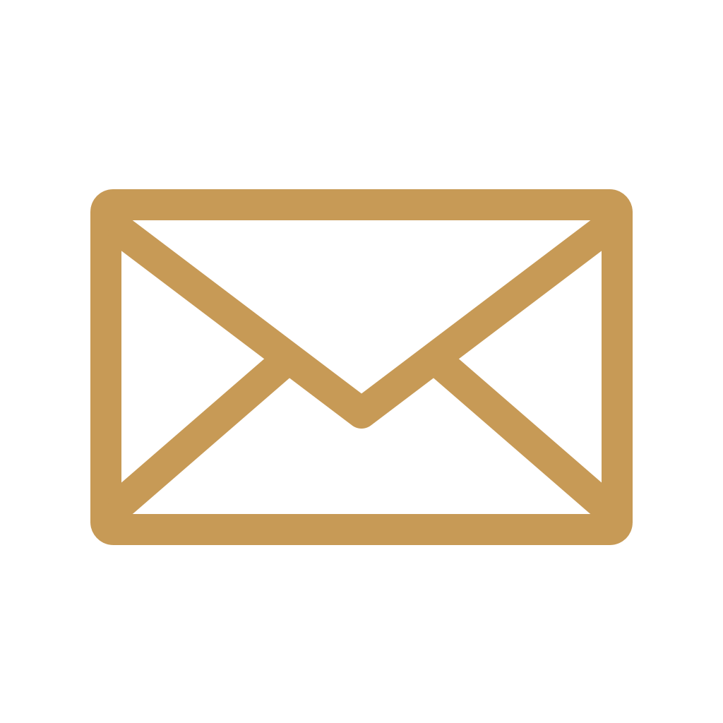 Gold outline envelope icon on black background.
