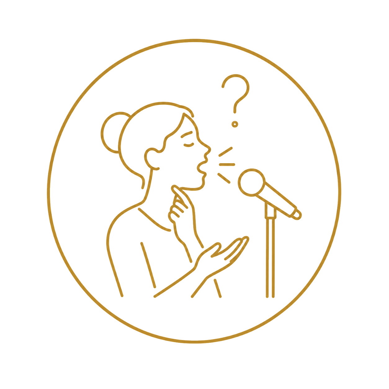 A line drawing of a woman singing into a microphone, holding a phone in her other hand, with a question mark above her head.