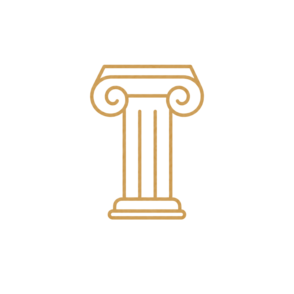 Icon of a classical Greek or Roman column with a decorative capital, outlined in gold on a black background.
