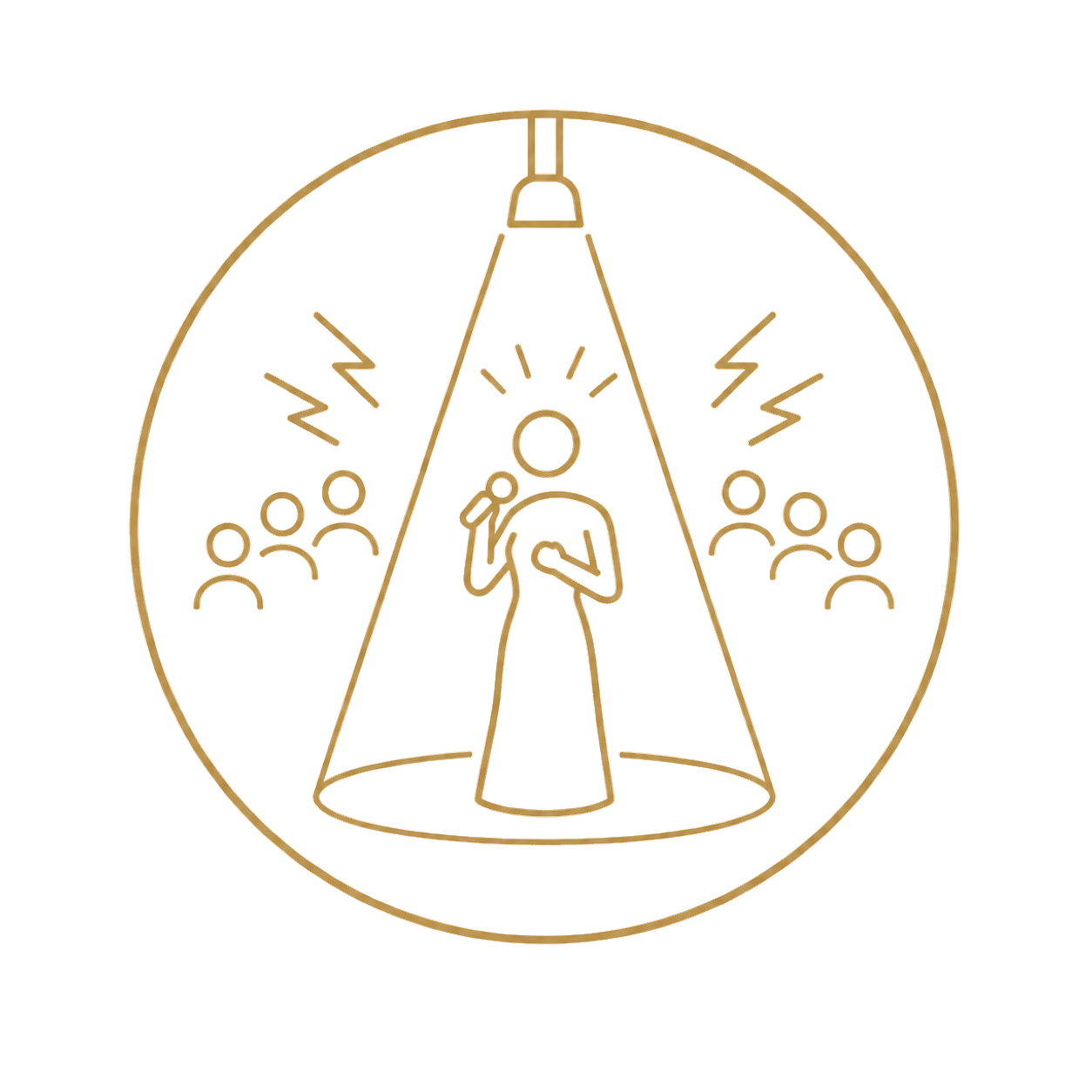A line drawing of a woman standing under a spotlight, holding a microphone, with a group of people on either side, some with lightning bolts or squiggly lines above their heads indicating emotional or energetic states.