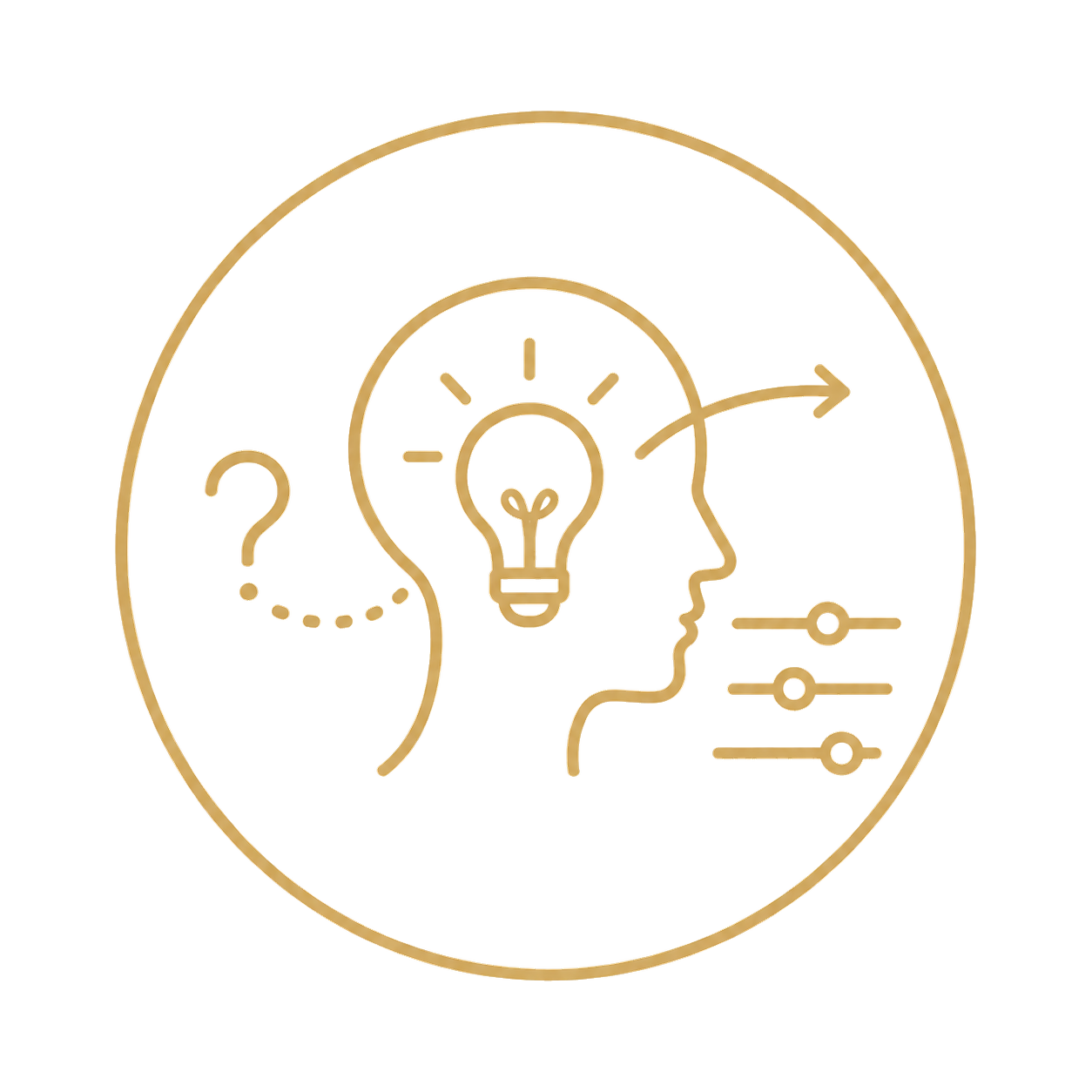 Line art illustration of a person's profile with a light bulb inside the head, a question mark to the left, an arrow pointing to the right from the head, and sliders on the right, all enclosed in a circle.