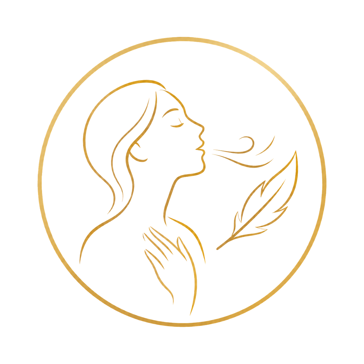 Line drawing of a woman with long hair, eyes closed, blowing air towards a feather, inside a golden circle.