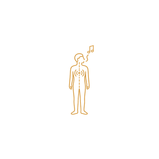 Line drawing of a human figure with its chest highlighted and a musical note near the head, suggesting music or sound linked to the body.