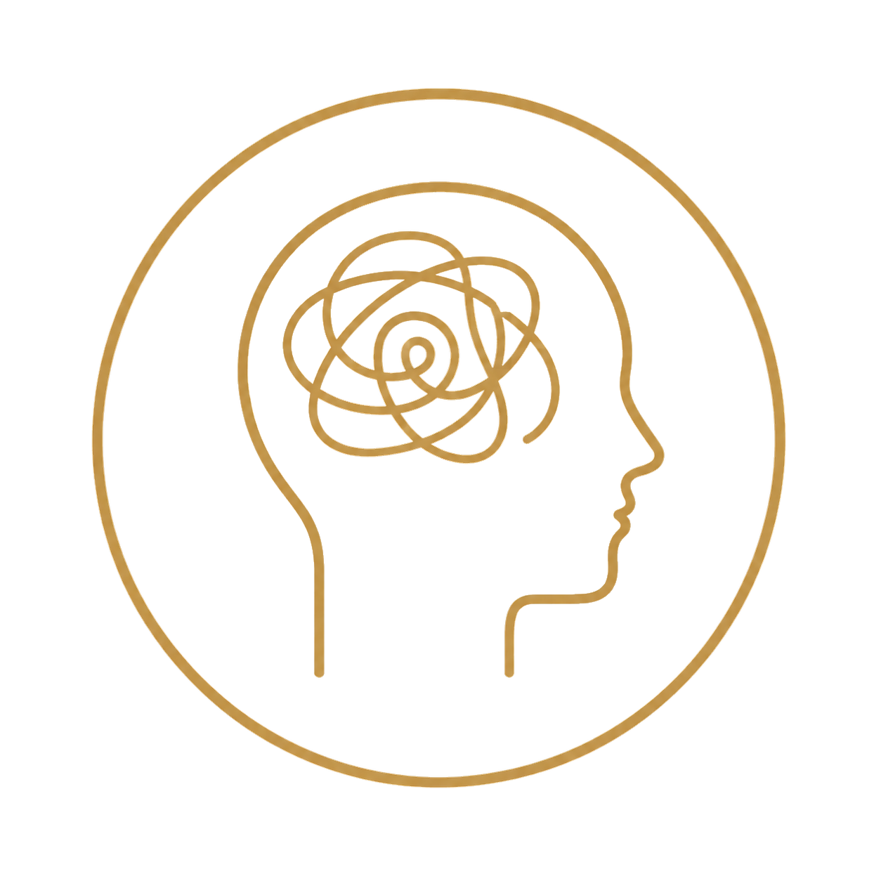 Outline of a human head in profile with a chaotic scribble inside representing a busy or troubled mind.