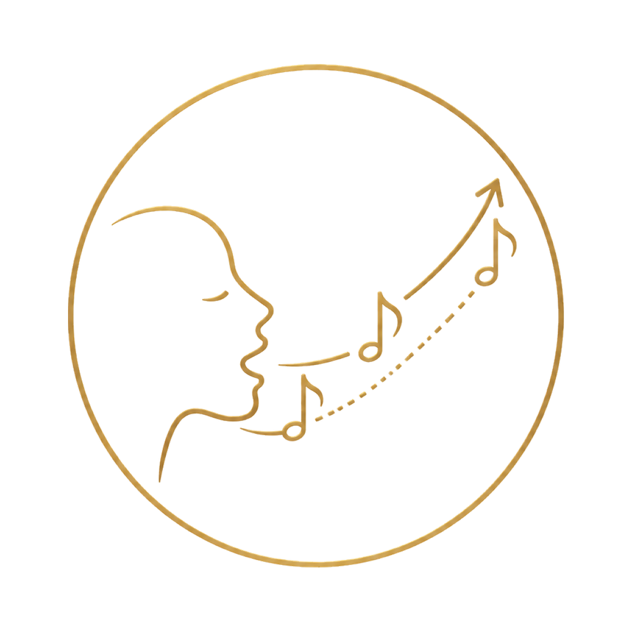 An illustration of a person singing with musical notes coming from their mouth, surrounded by a circular border.