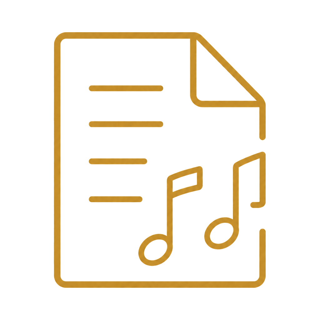 An icon of a musical note inside a document with horizontal lines, outlined in gold.