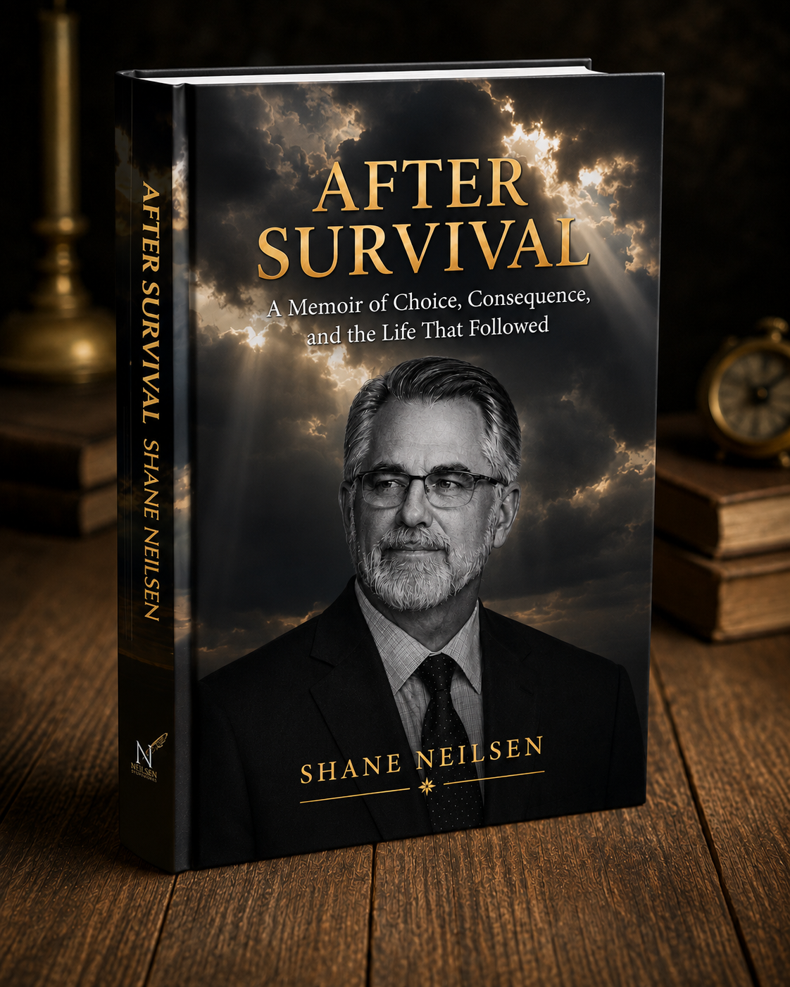 Premium dust-jacket hardcover of AFTER SURVIVAL by Shane Neilsen displayed upright on a wooden table.