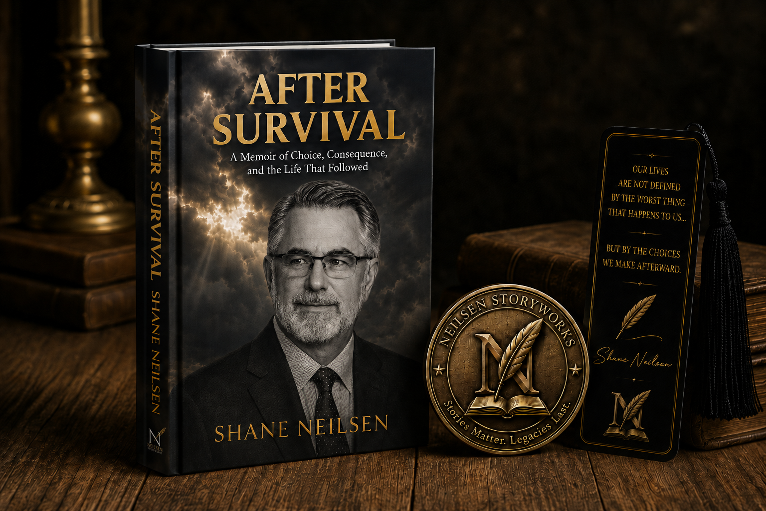 AFTER SURVIVAL hardcover by Shane Neilsen displayed with its challenge coin and bookmark on a wooden table.