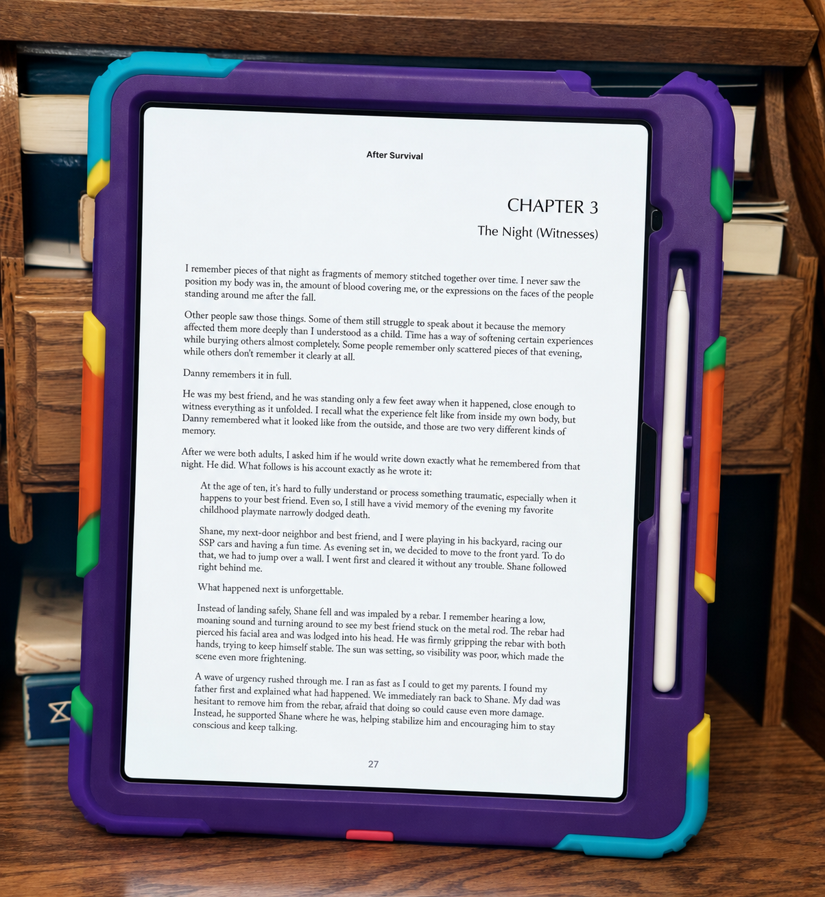 Interior text page from the AFTER SURVIVAL eBook displayed on a tablet.