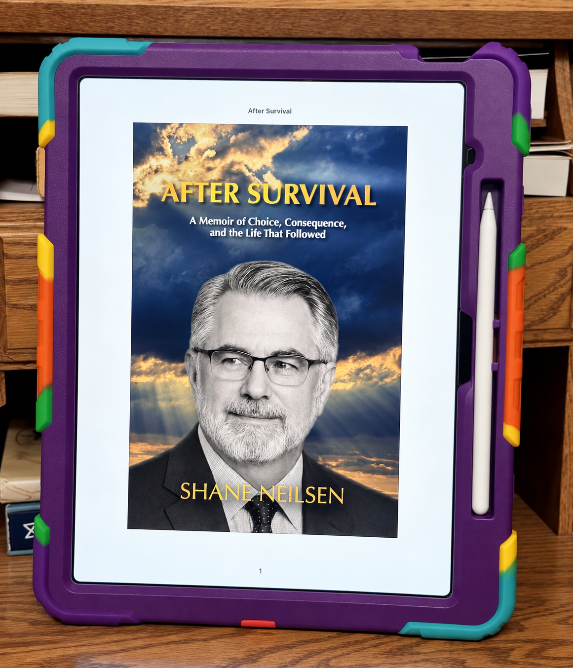AFTER SURVIVAL eBook cover by Shane Neilsen displayed on a tablet.