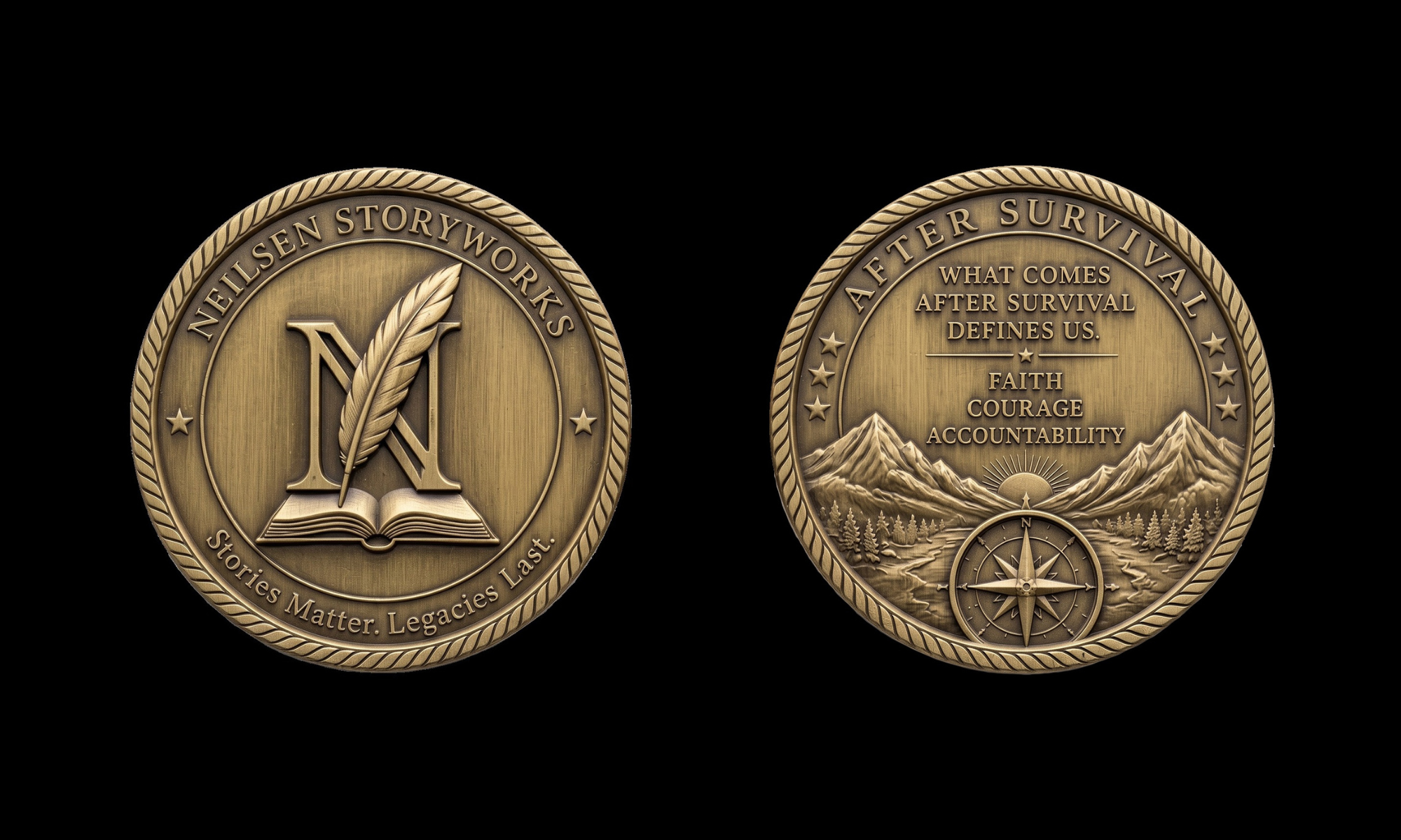 Front and back views of the antique-gold AFTER SURVIVAL Challenge Coin on a black background.