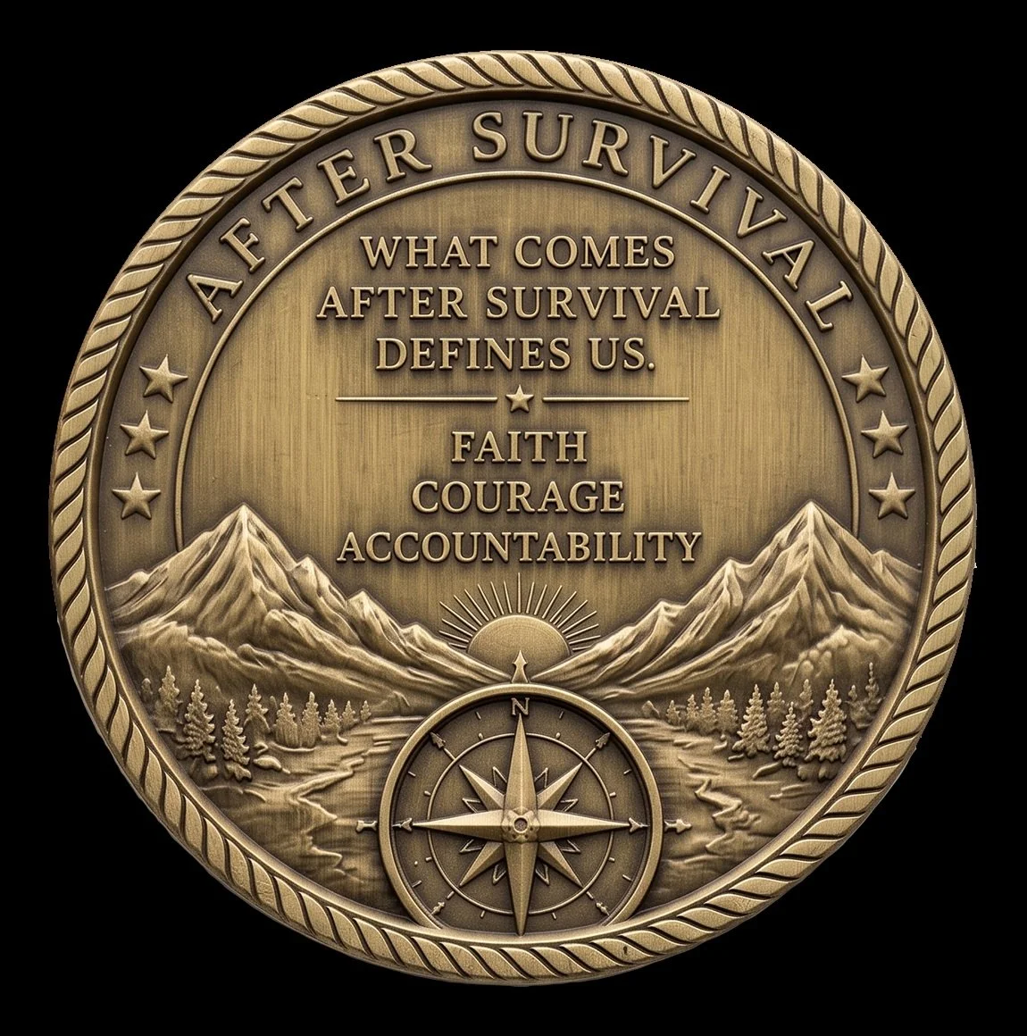 AFTER SURVIVAL side of the Founder’s Challenge Coin featuring mountains, a compass, and the words Faith, Courage, and Accountability.