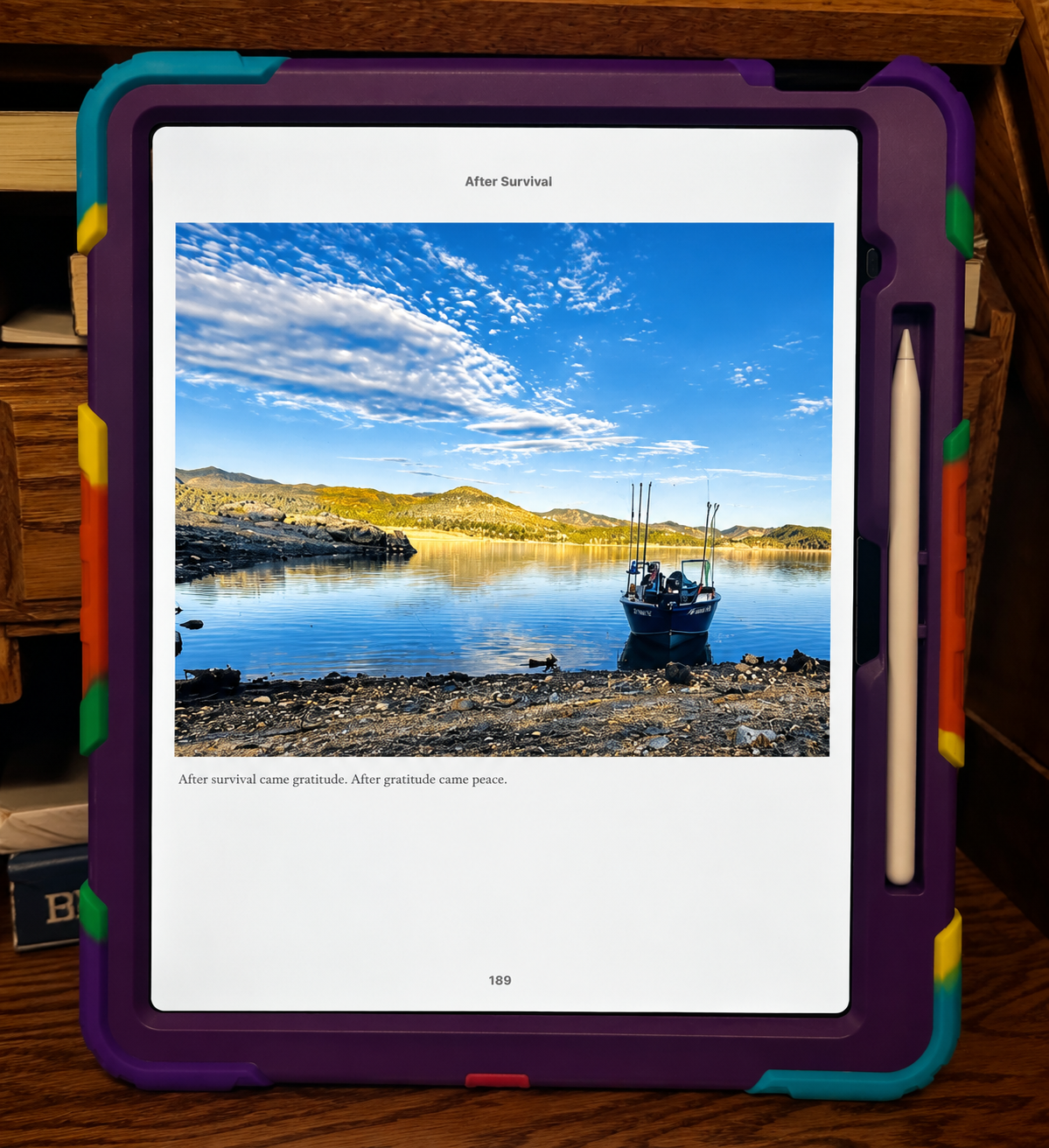 Interior photo page from the AFTER SURVIVAL eBook displayed on a tablet.