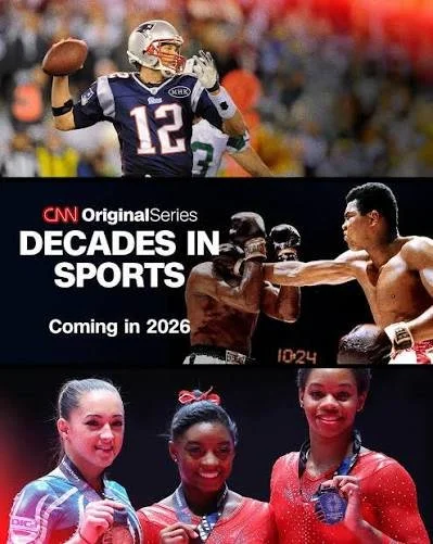 Promotional image for CNN series 'Decades in Sports' featuring a football player, a boxing match, and women gymnasts with medals.
