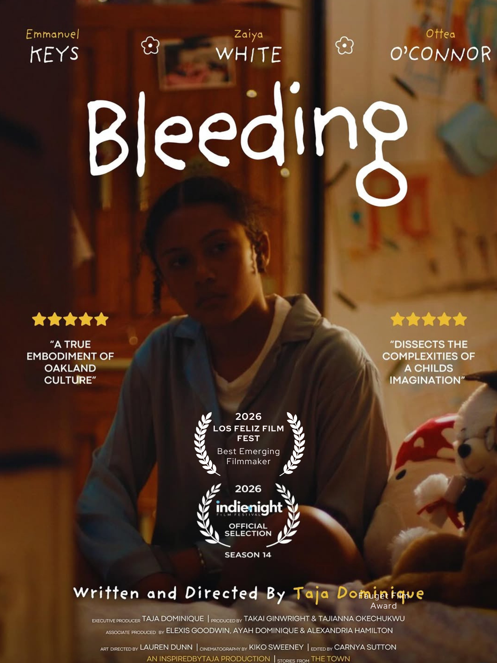 Movie poster featuring a young girl with braided hair, sitting in a dimly lit room with wooden cabinets and colorful artwork. The title 'Bleeding' is prominently displayed in white handwritten font across the top. The poster includes accolades such as awards and critic quotes, and it mentions the film is written and directed by Taja Fovue.