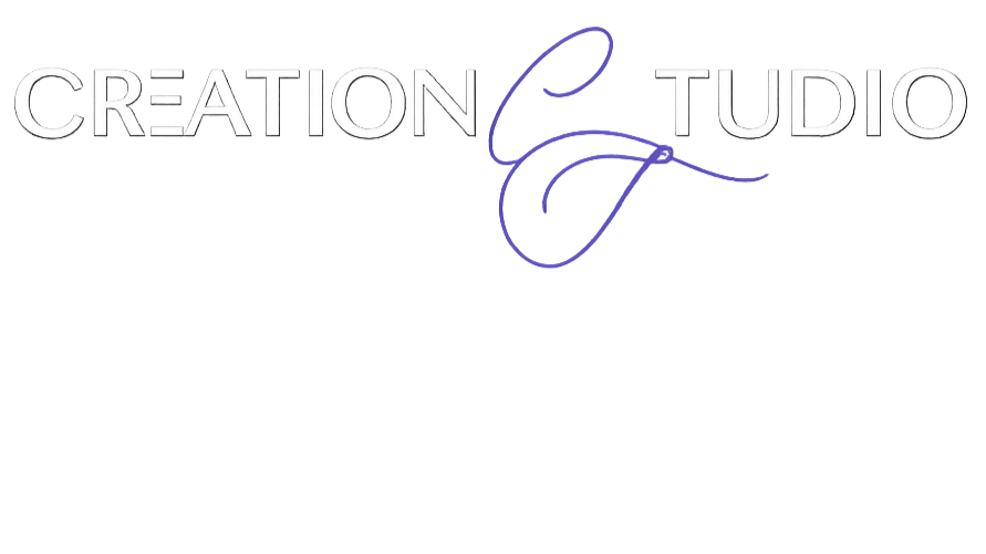 Logo with text reading 'CREATIONS STUDIO', featuring a black background and white and purple decorative text.