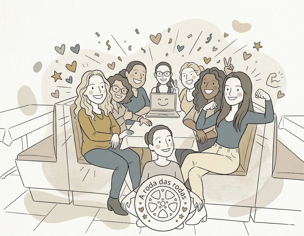 Grupo de pessoas sorrindo sentadas em volta de uma mesa, celebrando com confetes e corações ao fundo, uma menina segurando uma roda de carro com o texto 'A roda das rodas'.